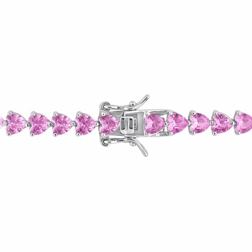Amour Sterling Silver 12 1/3 CT TGW Created Pink Heart-Cut Sapphire Bracelet